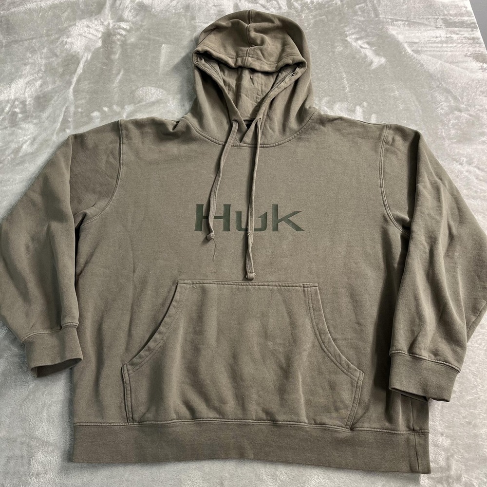 Huk Hoodie Mens Large Brown Logo Pullover Fleece Kangaroo Pocket Outdoor Fishing
